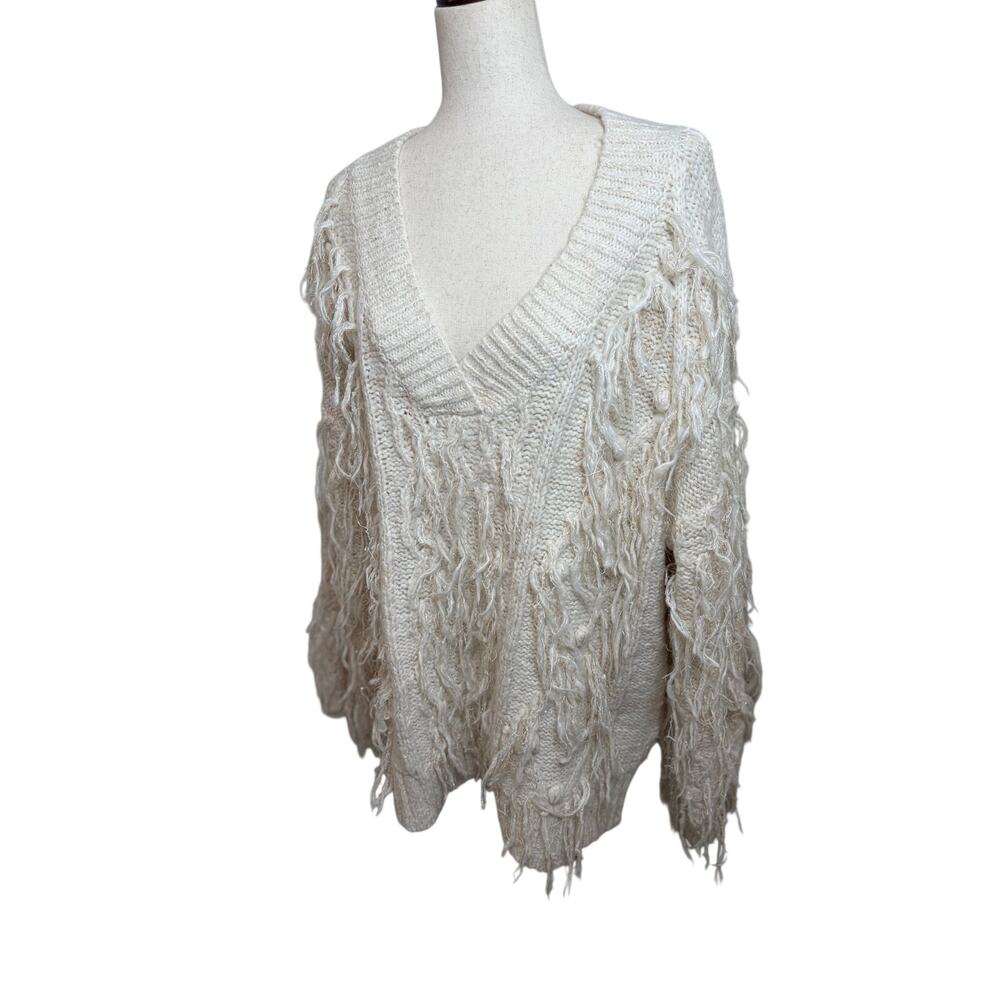Anthropologie Fringed Pullover Sweater Oversized Ivory BOHO Shaggy Fringe Detail - Picture 3 of 13